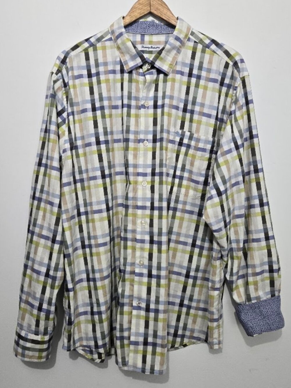Tommy Bahama Mens Contrast Cuff Plaid Pima Blend Button Up Shirt Size XL Preppy
